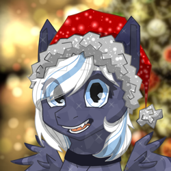 Size: 1280x1280 | Tagged: safe, artist:ritork, oc, oc only, oc:lunara moonstone, crystal pegasus, crystal pony, pegasus, pony, choker, christmas, christmas tree, clothes, colored wings, commission, crystal pony oc, crystallized, cute, female, hat, holiday, looking at you, mare, ocbetes, pegasus oc, santa hat, smiling, solo, spread wings, tree, two toned wings, wings, ych result