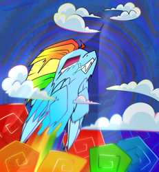 Size: 1090x1179 | Tagged: safe, artist:bluemoon, rainbow dash, pegasus, pony, g4, crying, drool, flying, rainbow, sky, solo, sonic rainboom, tears of joy