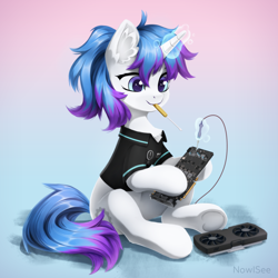 Size: 1600x1600 | Tagged: safe, artist:inowiseei, oc, oc only, pony, unicorn, ear fluff, gradient background, gradient iris, graphics card, hoof hold, horn, magic, magic aura, mouth hold, polo shirt, screwdriver, sitting, soldering iron, solo, tail, telekinesis, two toned mane, two toned tail, unicorn oc, white coat