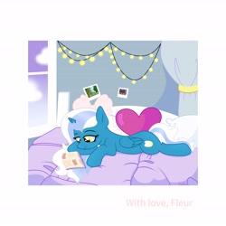 Size: 6890x6890 | Tagged: safe, artist:riofluttershy, oc, oc only, oc:fleurbelle, alicorn, pony, alicorn oc, bed, bedroom, bow, cloud, curtains, female, hair bow, horn, light, mare, photo, pillow, smiling, solo, window, wings, yellow eyes