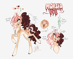 Size: 4968x4037 | Tagged: safe, artist:iheyyasyfox, oc, oc only, oc:marsha pie, earth pony, pony, absurd resolution, ahoge, coat markings, colored hooves, colored pinnae, facial markings, female, freckles, glasses, mare, offspring, open mouth, open smile, pale belly, parent:cheese sandwich, parent:pinkie pie, parents:cheesepie, reference sheet, simple background, slender, smiling, snip (coat marking), socks (coat markings), solo, standing on two hooves, thin, white background
