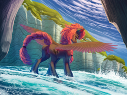 Size: 2000x1500 | Tagged: safe, artist:unt3n, oc, oc only, pony, unicorn, beach, butt, featureless crotch, horn, mountain, ocean, plot, solo, water, wings