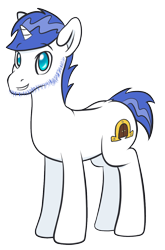 Size: 854x1292 | Tagged: safe, artist:underwoodart, derpibooru exclusive, oc, oc only, oc:ustiarius, pony, unicorn, 2024 community collab, derpibooru community collaboration, the tale of two sisters, blue eyes, blue mane, chinstrap, facial hair, horn, male, royal guard, simple background, solo, stallion, transparent background, white coat