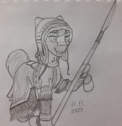 Size: 1570x1618 | Tagged: safe, artist:gardarik, oc, oc only, earth pony, pony, clothes, lance, male, solo, traditional art, weapon