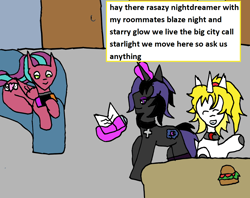 Size: 1126x892 | Tagged: safe, artist:ask-luciavampire, oc, oc only, oc:blaze night, oc:rasazy nightdreamer, oc:starry glow, pony, undead, unicorn, vampire, vampony, tumblr:ask-the-city-ponys, ask, city, tumblr