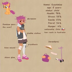 Size: 2048x2048 | Tagged: safe, artist:cryweas, scootaloo, human, pegasus, pony, smile virus, g4, alternate hairstyle, alternate universe, amputee, apocalypse, australian, bag, bandage, bandaid, bandaid on nose, brown background, child, chile, clothes, dark skin, female, filly, foal, food, gloves, humanized, infection au, jacket, prosthetic leg, prosthetic limb, prosthetics, reference sheet, sandwich, scarf, scooter, shoes, shorts, simple background, sneakers, socks, solo, tank top, torn clothes