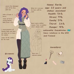 Size: 2048x2048 | Tagged: safe, artist:cryweas, rarity, human, pony, unicorn, smile virus, g4, alternate hairstyle, alternate universe, apocalypse, apron, bandaid, boots, brown background, burn marks, burned, clothes, eyeshadow, female, glasses, humanized, implied sweetie belle, kazakhstan, lip bite, lipstick, makeup, mare, needle, pills, reference sheet, scar, scissors, shirt, shoes, simple background, skirt, solo, stockings, sweater vest, thigh highs, thread