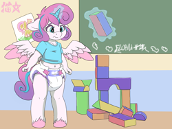 Size: 2400x1800 | Tagged: safe, artist:stargal galexi, princess flurry heart, alicorn, anthro, unguligrade anthro, g4, belly button, blushing, building blocks, chalkboard, clothes, colored wings, crayon, cute, diaper, diaper fetish, drawing, female, fetish, filly, floppy ears, flurrybetes, foal, glowing, glowing horn, horn, levitation, magic, magic aura, non-baby in diaper, older, older flurry heart, poofy diaper, shirt, solo, spread wings, t-shirt, telekinesis, unshorn fetlocks, wavy mouth, wings