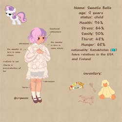 Size: 2048x2048 | Tagged: safe, artist:cryweas, sweetie belle, bird, duck, human, pony, unicorn, smile virus, g4, alternate hairstyle, alternate universe, apocalypse, box, brown background, burn marks, burned, candy, child, clothes, female, filly, flats, foal, food, humanized, infection au, kazakhstan, key, plushie, reference sheet, scar, shoes, shorts, simple background, socks, solo, sweater, sweets, torn clothes