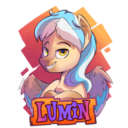 Size: 1765x1765 | Tagged: safe, artist:tonyr, oc, oc only, oc:lumin light, pegasus, pony, g4, badge, beige body, colored, colored wings, flying, grin, light blue mane, male, multicolored hair, multicolored mane, multicolored wings, simple background, smiling, smug, solo, stallion, transparent background, white mane, wings, yellow eyes