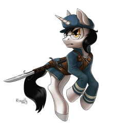 Size: 2513x2826 | Tagged: safe, artist:kleowolfy, oc, oc only, oc:page turner, unicorn, clothes, dishonored, glasses, horn, simple background, solo, sword, transparent background, unicorn oc, uniform, weapon