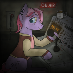 Size: 2400x2400 | Tagged: safe, artist:owslafa, oc, oc:cherry ripe, earth pony, fallout equestria, jacket, male, microphone, radio, solo, varsity jacket