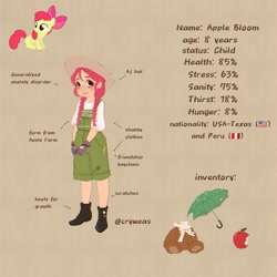 Size: 2048x2048 | Tagged: safe, artist:cryweas, apple bloom, human, pony, smile virus, g4, alternate hairstyle, alternate universe, anxiety, apocalypse, apple, applejack's hat, boots, braces, brown background, child, clothes, cowboy hat, female, fluffy, food, freckles, gloves, gritted teeth, hat, humanized, implied cutie mark crusaders, implied scootaloo, implied sweetie belle, keychain, mare, mlp infection, overalls, peru, plushie, reference sheet, scared, shirt, shoes, simple background, solo, sticker, t-shirt, teddy bear, teeth, torn clothes, umbrella