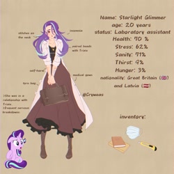 Size: 2048x2048 | Tagged: safe, artist:cryweas, starlight glimmer, human, pony, unicorn, smile virus, g4, alternate hairstyle, alternate universe, apocalypse, bag, bags under eyes, bandage, blood, book, boots, box cutter, brown background, clothes, coat, dress, face mask, female, freckles, gown, humanized, implied lesbian, implied shipping, implied startrix, implied trixie, jewelry, knife, latvia, mare, mask, mlp infection, necklace, reference sheet, sad, scar, self harm, self harm scars, shoes, simple background, solo