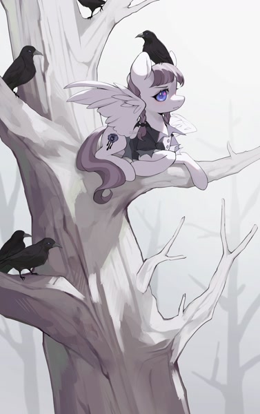 Size: 1920x3058 | Tagged: safe, artist:aniimoni, inky rose, bird, crow, pegasus, pony, g4, featured image, female, in a tree, mare, solo, spread wings, tree, tree branch, wings