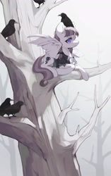 Size: 1920x3058 | Tagged: safe, artist:aniimoni, inky rose, bird, crow, pegasus, pony, g4, blushing, eyebrows, featured image, female, high res, in a tree, lying down, mare, prone, solo, spread wings, tree, tree branch, wings
