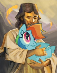 Size: 1597x2048 | Tagged: safe, artist:embla froberg, rainbow dash, human, pegasus, pony, g4, crossover, cute, dashabetes, duo, female, holding a pony, jesus christ, male, mare, sweet dreams fuel