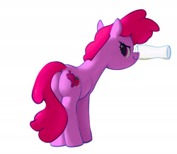 Size: 2173x1899 | Tagged: safe, artist:mandumustbasukanemen, berry punch, berryshine, earth pony, g4, alcohol, beer, butt, cup, drink, drinking glass, female, glass, looking at you, looking back, mare, mouth hold, plot, simple background, smiling, solo, white background