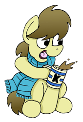 Size: 1053x1548 | Tagged: safe, artist:bobthedalek, oc, oc only, oc:kettle master, earth pony, pony, clothes, food, mug, open mouth, scarf, simple background, solo, tea, transparent background