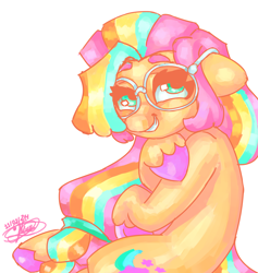 Size: 3600x3800 | Tagged: safe, artist:mannybcadavera, sunny starscout, earth pony, pony, g5, female, floppy ears, glasses, grin, high res, looking at you, mane stripe sunny, mare, round glasses, signature, simple background, smiling, smiling at you, solo, unshorn fetlocks, white background