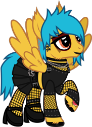 Size: 873x1199 | Tagged: safe, artist:lightningbolt, derpibooru exclusive, pegasus, pony, g4, .svg available, alex gaskarth, all time low, belt, buckle, chains, cheek fluff, choker, clothes, crossdressing, dyed mane, dyed tail, ear fluff, ear piercing, earring, eyeliner, eyeshadow, fishnet stockings, hair over one eye, high heels, hoof fluff, hoof polish, jewelry, leg band, lidded eyes, lipstick, makeup, male, mascara, midriff, necklace, piercing, ponified, raised hoof, shirt, shoes, short shirt, show accurate, simple background, skirt, smiling, solo, spread wings, stallion, standing, svg, tail, tail feathers, tattoo, transparent background, vector, wing fluff, wings