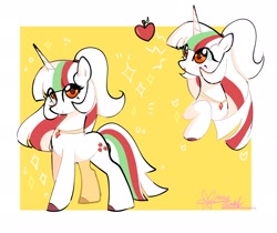 Size: 2048x1723 | Tagged: safe, artist:petaltwinkle, oc, oc only, pony, unicorn, border, eye clipping through hair, female, fruit, heart shaped, jewelry, mare, necklace, passepartout, signature, smiling, solo