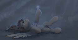 Size: 2509x1305 | Tagged: source needed, safe, artist:dorkmark, oc, oc only, oc:dima, firefly (insect), insect, pegasus, pony, belly, belly button, bokeh, chest fluff, crying, ear fluff, grass, lying down, on back, rain, reaching, scar, smiling, solo, spread wings, tears of joy, wings