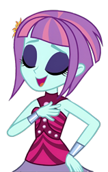 Size: 852x1350 | Tagged: safe, edit, edited screencap, screencap, sunny flare, human, equestria girls, equestria girls specials, g4, my little pony equestria girls: dance magic, background removed, bare shoulders, eyes closed, eyeshadow, makeup, png, shadowbolts, simple background, sleeveless, smiling, solo, transparent background