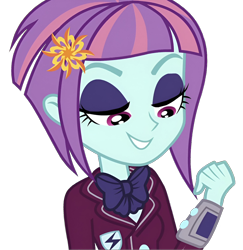 Size: 1394x1434 | Tagged: safe, edit, edited screencap, screencap, sunny flare, human, equestria girls, g4, background removed, looking down, png, shadowbolts, simple background, smiling, solo, transparent background