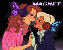 Size: 2048x1638 | Tagged: safe, artist:dulcesilly, starlight glimmer, trixie, human, the grand galloping 20s, g4, alternate universe, alternate versions at source, base used, dark skin, duo, female, headphones, humanized, lesbian, magnet (vocaloid), redraw, ship:startrix, shipping, short hair, short hair trixie, song reference, trans female, trans trixie, transgender