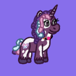 Size: 1000x1000 | Tagged: safe, artist:mintwhistle, violette rainbow, pony, unicorn, g5, coat markings, colored hooves, dreadlocks, female, filly, foal, jewelry, medibang paint, multicolored mane, multicolored tail, necklace, pinto, purple background, simple background, smiling, solo, tail, three toned mane, three toned tail, unshorn fetlocks, vitiligo