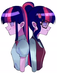 Size: 1614x2048 | Tagged: safe, artist:m09160, sci-twi, twilight sparkle, human, equestria girls, g4, bust, clothes, crystal prep academy uniform, duo, frown, glasses, hairpin, necktie, school tie, school uniform, schoolgirl, simple background, smiling, twolight, white background