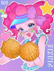 Size: 1536x2048 | Tagged: safe, artist:m09160, pinkie pie, human, equestria girls, g4, bow, bust, cheerleader, cheerleader outfit, clothes, gradient background, hair bow, hat, open mouth, smiling, solo, text