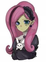 Size: 1536x2048 | Tagged: safe, artist:m09160, angel bunny, fluttershy, human, equestria girls, g4, bust, ear piercing, fluttergoth, looking at you, piercing, simple background, solo, white background