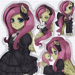 Size: 2048x2048 | Tagged: safe, artist:m09160, angel bunny, fluttershy, human, pegasus, pony, equestria girls, g4, bow, clothes, dress, eyes closed, fluttergoth, goth, gothic lolita, lolita fashion, looking at you, plushie, ponied up, solo, wings