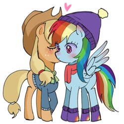 Size: 1333x1333 | Tagged: safe, artist:m09160, applejack, rainbow dash, earth pony, pegasus, pony, g4, clothes, duo, eyes closed, female, freckles, hat, kissing, lesbian, scarf, ship:appledash, shipping, simple background, socks, spread wings, sweater, white background, wings