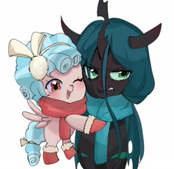 Size: 2048x1993 | Tagged: safe, artist:m09160, cozy glow, queen chrysalis, changeling, changeling queen, pegasus, g4, boots, bow, clothes, cozybetes, cute, duo, flying, frown, hair bow, mommy chrissy, one eye closed, scarf, shoes, simple background, smiling, white background, wink