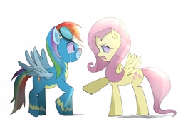 Size: 2048x1536 | Tagged: safe, artist:m09160, fluttershy, rainbow dash, pegasus, pony, g4, clothes, crying, duo, goggles, looking at each other, looking at someone, open mouth, simple background, smiling, uniform, white background, wonderbolts uniform