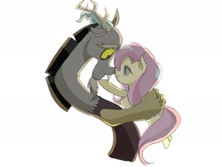 Size: 2048x1536 | Tagged: safe, artist:m09160, discord, fluttershy, draconequus, pegasus, pony, g4, duo, female, hug, looking at each other, looking at someone, male, ship:discoshy, shipping, simple background, smiling, straight, touching face, white background