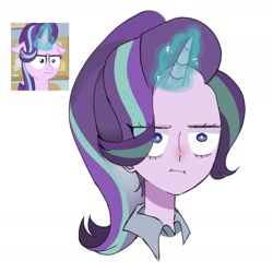 Size: 1982x1982 | Tagged: safe, artist:m09160, screencap, starlight glimmer, human, pony, unicorn, equestria girls, g4, marks for effort, season 8, :i, bust, clothes, equestria girls interpretation, female, horn, i mean i see, magic, mare, scene interpretation, screencap reference, simple background, solo, white background