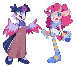 Size: 2048x1784 | Tagged: safe, artist:olivashko, pinkie pie, twilight sparkle, bird, goat, mobian, owl, anthro, plantigrade anthro, g4, clothes, dress, duo, duo female, female, high heels, horns, shoes, simple background, socks, sonicified, species swap, standing, standing on one leg, striped socks, tongue out, white background