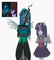 Size: 1853x2048 | Tagged: safe, artist:m09160, screencap, mean twilight sparkle, queen chrysalis, alicorn, changeling, changeling queen, human, pony, equestria girls, g4, the mean 6, bowtie, clothes, dress, duo, duo female, equestria girls interpretation, equestria girls-ified, evil twilight, female, frown, horn, mare, ponied up, scene interpretation, screencap reference, simple background, skirt, white background, wings