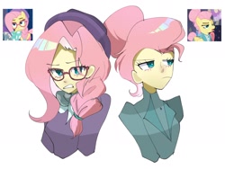 Size: 2048x1536 | Tagged: safe, artist:m09160, screencap, fluttershy, human, equestria girls, fake it 'til you make it, g4, alternate hairstyle, bust, clothes, frown, glasses, hat, hipstershy, screencap reference, severeshy, simple background, solo, white background