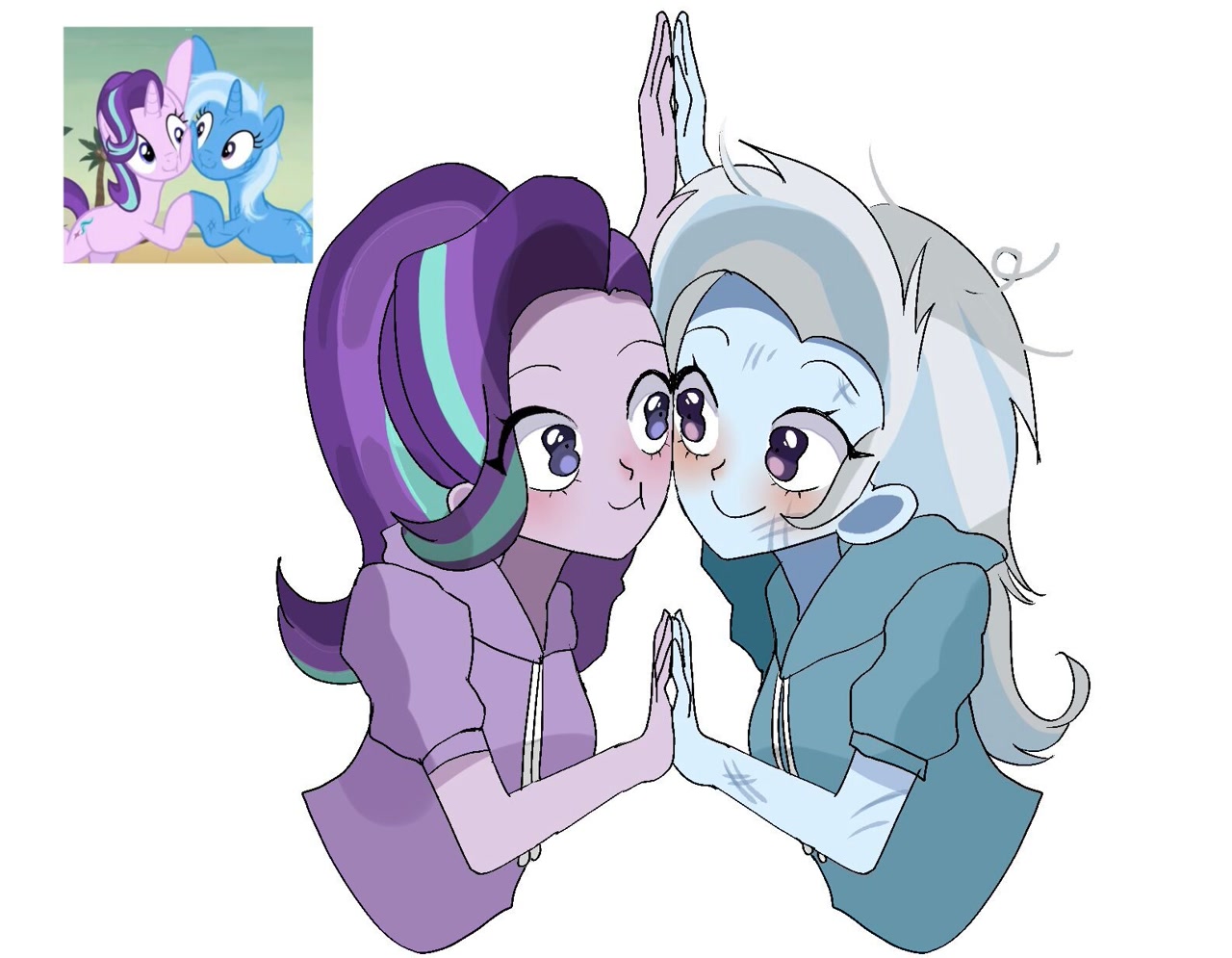 [blushing,clothes,duo,equestria girls,female,hoodie,human,lesbian,mare,pony,safe,screencap,shipping,simple background,trixie,unicorn,white background,looking at each other,holding hands,scene interpretation,duo female,starlight glimmer,smiling,equestria girls interpretation,looking at someone,road to friendship,screencap reference,smiling at each other,ship:startrix,artist:cerise]