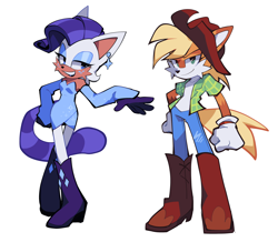 Size: 2048x1784 | Tagged: safe, artist:olivashko, applejack, rarity, cat, fox, mobian, anthro, plantigrade anthro, g4, bedroom eyes, clothes, cowboy hat, dress, duo, duo female, eyeshadow, female, gloves, hand on hip, hat, lidded eyes, makeup, plaid shirt, shirt, simple background, smiling, smirk, sonic the hedgehog (series), sonicified, species swap, white background