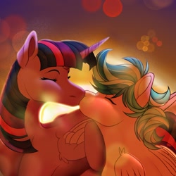 Size: 1773x1773 | Tagged: safe, artist:crypticcreations, twilight sparkle, oc, alicorn, pegasus, pony, g4, canon x oc, eyes closed, female, kiss on the lips, kissing, lesbian, mare, romance, shipping, sunset, twilight sparkle (alicorn)