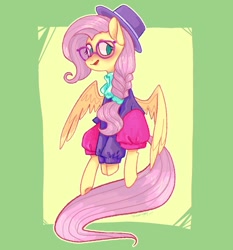 Size: 1006x1080 | Tagged: safe, artist:juhnmeii, fluttershy, pegasus, pony, g4, alternate hairstyle, clothes, female, glasses, hat, hipstershy, jacket, mare, open mouth, open smile, passepartout, scarf, sitting, smiling, solo