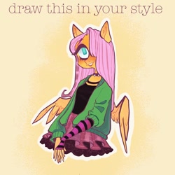 Size: 1024x1024 | Tagged: safe, artist:juhnmeii, fluttershy, pegasus, anthro, dtiys emoflat, g4, choker, clothes, draw this in your style, evening gloves, female, fingerless elbow gloves, fingerless gloves, gloves, hair over one eye, jacket, long gloves, looking at you, mare, simple background, skirt, smiling, smiling at you, solo, spiked choker, striped gloves, yellow background