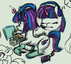 Size: 882x795 | Tagged: artist needed, source needed, safe, little rock, pony, unicorn, g5, my little pony: tell your tale, aggie.io, chips, clothes, eating, eyes closed, female, food, headphones, headset, lying down, magic, mare, music notes, open mouth, ponyloaf, prone, simple background, smiling, stockings, tablet, text, thigh highs