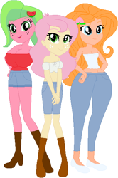 Size: 388x585 | Tagged: safe, artist:sturk-fontaine, oc, oc only, oc:briar apple, oc:melon kiss, oc:peach blossom, equestria girls, g4, base used, belly button, big breasts, breasts, busty oc, child bearing hips, cleavage, female, freckles, hairclip, magical lesbian spawn, midriff, offspring, parent:applejack, parent:fluttershy, parents:appleshy, simple background, thicc thighs, trio, trio female, white background, wide hips